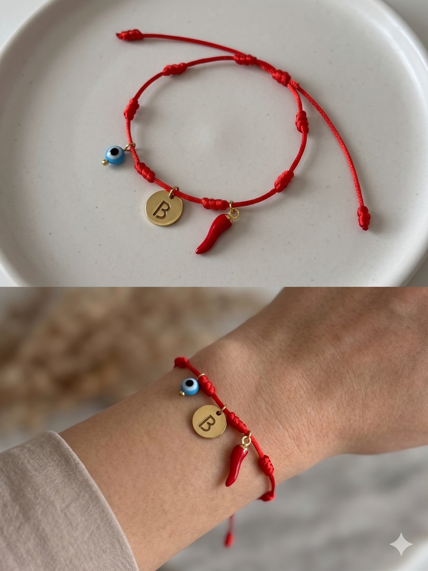Pulseira 7 nós personalizada com letra, 🧿 e 🌶️