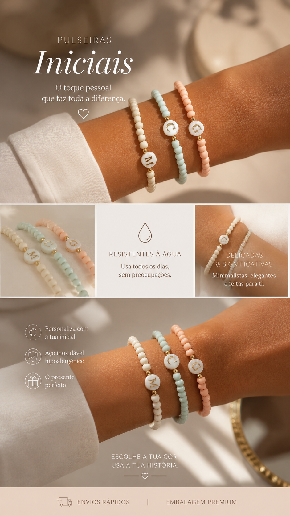 Pulseiras com inicial em madrepérola