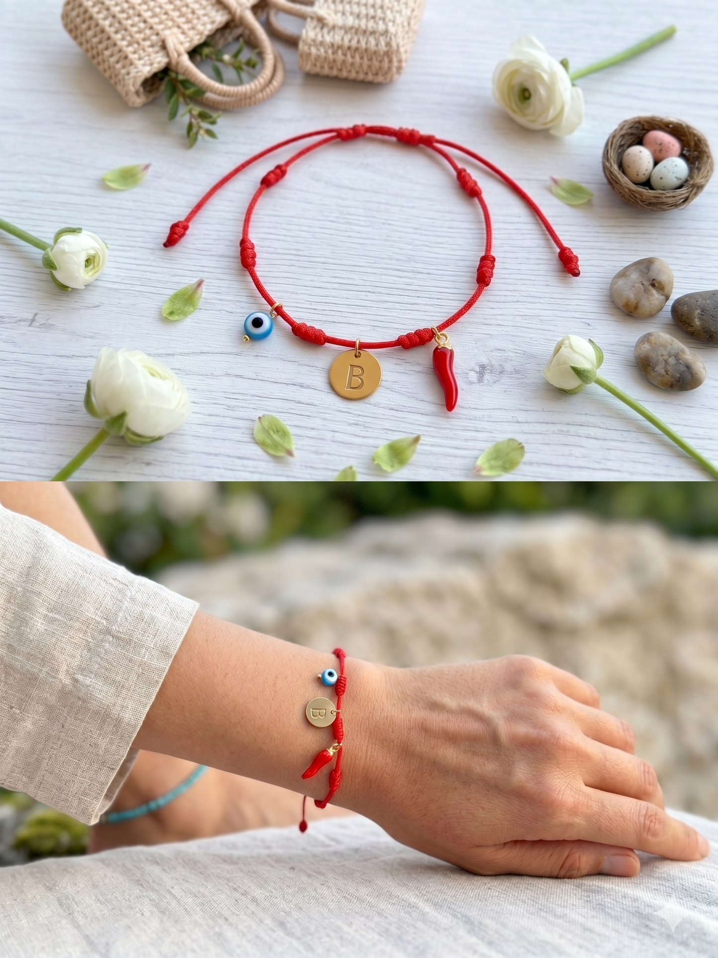 Pulseira 7 nós personalizada com letra, 🧿 e 🌶️