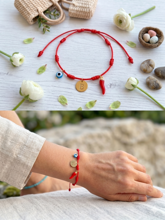 Pulseira 7 nós personalizada com letra, 🧿 e 🌶️