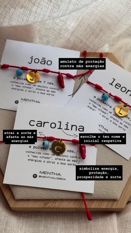 Pulseira com 7 nós + 🧿 + 🌶️ + NOME PERSONALIZADO